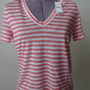 NWT - Loft Linen Short Sleeve V-Neck Coral Stripe Tee - Size M